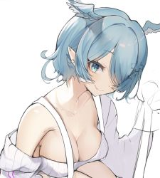 Rule 34 | 1girl, aqua eyes, bare shoulders, blue hair, breasts, cleavage, closed mouth, collarbone, covered erect nipples, dragon girl, earrings, elira pendora, fang, from above, hair over one eye, head wings, highres, jewelry, large breasts, looking at viewer, loose clothes, medium hair, mole, mole on breast, nijisanji, nijisanji en, no bra, off shoulder, oimo 0imo, overalls, pointy ears, simple background, sketch, skin fang, smile, solo, sweater, swept bangs, virtual youtuber, white background, wings