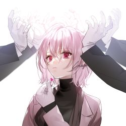 Rule 34 | androgynous, artist name, gender request, gloves, hands up, heart, long sleeves, original, red eyes, simple background, solo focus, sukja, upper body, white background, white gloves, white hair
