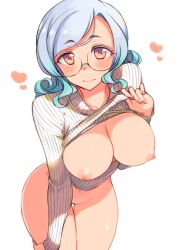 1girl aqua_hair blue_hair blush bottomless breasts cleavage_cutout closed_mouth clothes_lift clothing_cutout commentary_request cowboy_shot glasses gradient_hair heart kusanagi_tonbo large_breasts meme_attire multicolored_hair nipples open-chest_sweater orange_eyes original simple_background solo sweater sweater_lift two-tone_hair white_background