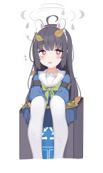 Rule 34 | 1girl, absurdres, ahoge, arrow (symbol), autumn leaves, black hair, blue archive, blue serafuku, blue shirt, blue skirt, blush, bow, commentary request, cropped legs, green bow, halo, headgear, highres, k12040707, leaf, leaf on head, long hair, long sleeves, looking at viewer, miyu (blue archive), pantyhose, parted lips, pleated skirt, puffy long sleeves, puffy sleeves, recycling symbol, red eyes, sailor collar, school uniform, serafuku, shirt, simple background, skirt, solo, tears, trash can, very long hair, white background, white pantyhose, white sailor collar