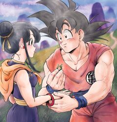 Rule 34 | 1boy, 1girl, animal ears, black eyes, black hair, bracelet, breasts, chi-chi (dragon ball), commentary, dougi, dragon ball, dragonball z, english commentary, grass, hair bun, hand grab, highres, husband and wife, jewelry, mountain, muscular, muscular male, neckerchief, orange neckerchief, red nails, ring, single hair bun, small breasts, son goku, trail, twitter username, whirlydoodle, wristband