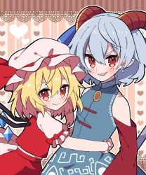 Rule 34 | 2girls, blonde hair, blue dress, blue hair, breasts, clenched teeth, collared shirt, crystal, curly hair, detached sleeves, dress, earrings, flandre scarlet, hat, highres, horn ornament, horn ribbon, horns, hug, jewelry, light blue hair, looking at viewer, meandros, mob cap, multiple girls, patterned clothing, pointy ears, puffy short sleeves, puffy sleeves, red eyes, red horns, red ribbon, red skirt, red sleeves, red vest, ribbon, sharp teeth, sheep horns, shirt, short hair, short sleeves, side ponytail, skirt, skirt set, small breasts, teeth, touhou, toutetsu yuuma, vest, white headwear, white shirt, wings, yoriteruru