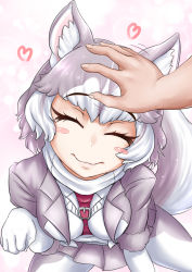 Rule 34 | 1girl, ^ ^, animal ear fluff, animal ears, bad id, bad pixiv id, belt, closed eyes, dog (mixed breed) (kemono friends), dog ears, dog tail, closed eyes, facing viewer, fang, gloves, grey hair, grey jacket, hand on another&#039;s head, headpat, heart, highres, jacket, kemono friends, multicolored hair, pantyhose, paw pose, short hair, skin fang, skirt, solo focus, tail, takkutin omega, two-tone hair, white gloves, white hair