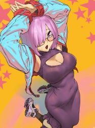 Rule 34 | 1girl, arms up, black socks, blush, breasts, cleavage, cleavage cutout, clothing cutout, covered navel, disto, dress, fate/grand order, fate (series), glasses, hair over one eye, highres, jacket, kneeling, large breasts, looking at viewer, mash kyrielight, open mouth, purple dress, purple eyes, purple hair, shoes, short hair, sneakers, socks, solo