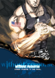 Rule 34 | 1boy, abs, alternate color, american flag, clenched hand, dog tags, guile, male focus, muscular, out of frame, rokko (zerocco), solo, street fighter, tank top, tattoo