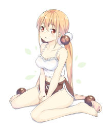 Rule 34 | 1girl, bare arms, bare shoulders, barefoot, blonde hair, blush, breasts, brown eyes, brown shorts, camisole, collarbone, full body, hair between eyes, hair bobbles, hair ornament, hatsunatsu, long hair, looking at viewer, low twintails, medium breasts, midriff, navel, parted lips, shadow, short shorts, shorts, sidelocks, simple background, sitting, solo, twintails, very long hair, wariza, white background, white camisole, xiaoyuan (you can eat the girl), you can eat the girl