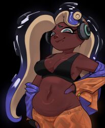 1girl breasts dark-skinned_female dark_skin hand_on_own_hip headphones highres kitapult marina_(splatoon) medium_breasts navel nintendo plump solo splatoon_(series) splatoon_2 standing stomach