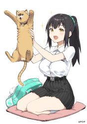 Rule 34 | 1girl, 9nojo, :d, animal, artist name, backpack, bag, black hair, black skirt, breasts, cat, collared shirt, commentary, cushion, dress shirt, green bag, hair ornament, hair scrunchie, high ponytail, highres, holding, holding animal, kneehighs, long hair, looking at viewer, medium breasts, no shoes, open mouth, original, pleated skirt, ponytail, scrunchie, seiza, shirt, shirt tucked in, short sleeves, sitting, skirt, smile, socks, solo, sparkle, teeth, upper teeth only, white background, white shirt, white socks