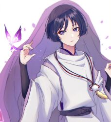 Rule 34 | 1boy, cape, genshin impact, hair between eyes, japanese clothes, jewelry, looking at viewer, male focus, necklace, open mouth, otakunocamp, purple cape, purple eyes, purple hair, scaramouche (genshin impact), scaramouche (kabukimono) (genshin impact), short hair, solo, white background