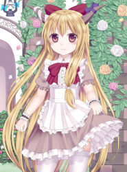 Rule 34 | 1girl, alternate costume, apron, blonde hair, bow, brown hair, clothes lift, dress, dress lift, enmaided, female focus, flower, hair bow, horn ornament, horn ribbon, horns, ibuki suika, ikeda yuuki, long hair, looking at viewer, maid, maid apron, pink flower, pink rose, red eyes, ribbon, rose, smile, solo, thighhighs, touhou, very long hair, white flower, white rose, white thighhighs, wrist ribbon, yellow flower, yellow rose, zettai ryouiki