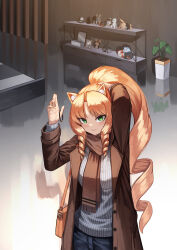 Rule 34 | 1girl, absurdres, animal ear fluff, arknights, bag, blonde hair, breasts, brown coat, brown scarf, closed mouth, coat, cowboy shot, dusk (arknights), emperor (arknights), green eyes, hair tie, handbag, highres, holding, holding own hair, indoors, kimsuwan2013, lancet-2 (arknights), ling (arknights), long hair, long sleeves, looking at viewer, medium breasts, nian (arknights), open clothes, open coat, plant, potted plant, reflective floor, ringlets, scarf, shelf, shoulder bag, sidelocks, smile, solo, sweater, swire (arknights), tying hair, unbuttoned, very long hair, white sweater