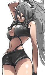 Rule 34 | 1girl, :&lt;, animal ears, arknights, arm behind head, arm up, bare arms, bare shoulders, black shorts, breasts, brown eyes, cat ears, cleavage, closed mouth, cowboy shot, crop top, grey hair, hair between eyes, highres, large breasts, long hair, looking at viewer, milleyoshio, navel, ponytail, reverse cowgirl position, schwarz (arknights), sex, sex from behind, short shorts, shorts, simple background, solo, stomach, straddling, v-shaped eyebrows, very long hair, white background