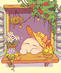 Rule 34 | :o, apple, bitten apple, blue flower, blush, blush stickers, bow, brown hat, bug, butterfly, closed eyes, closed mouth, commentary request, flower, flower pot, food, food bite, fruit, hanging plant, harukui, hat, hat bow, highres, insect, kirby, kirby (series), leaf, nintendo, no humans, open window, orange flower, orange rose, plant, polka dot, polka dot bow, potted plant, red bow, red flower, rose, shelf, solo, star (symbol), straw hat, string of light bulbs, vines, white flower, window, windowsill, yellow flower