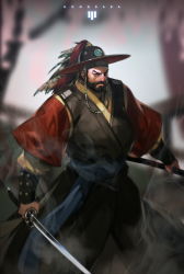 Rule 34 | 1boy, artist name, beard, black hair, black headwear, blurry, blurry background, brown eyes, facial hair, hat feather, hat ornament, headband, holding, holding sword, holding weapon, hong soon-jae, korean clothes, long sleeves, looking at viewer, male focus, original, outdoors, solo, standing, sword, weapon