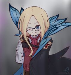 Rule 34 | 1girl, abigail williams (fate), arm behind back, black-framed eyewear, black cape, blonde hair, blue cape, blue eyes, blush, brown pants, brown vest, cape, commentary request, cosplay, fate/grand order, fate (series), forehead, glasses, james moriarty (archer) (fate), james moriarty (archer) (fate) (cosplay), kujou karasuma, long sleeves, multicolored cape, multicolored clothes, one eye closed, pants, parted bangs, shirt, signature, solo, vest, white shirt