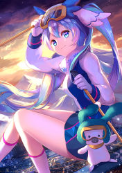Rule 34 | 1girl, bad id, bad pixiv id, bare legs, blue eyes, blue hair, city lights, dress, from side, gloves, goggles, goggles on headwear, hatsune miku, knees together feet apart, long hair, long sleeves, looking at viewer, matching hair/eyes, mountain, multicolored clothes, multicolored dress, outdoors, rabbit, scarf, short dress, ski goggles, sky, skyline, smile, snowboard, solo, star (sky), starry sky, stella chen yui, sunset, twintails, very long hair, vocaloid, white gloves, yuki miku, yukine (vocaloid)