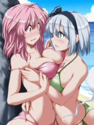 Rule 34 | 2girls, :d, assisted exposure, asymmetrical docking, beach, bikini, blue sky, blush, breast press, breasts, cleavage, cloud, collarbone, day, eyebrows, flying sweatdrops, from side, ghost, ghost tail, green bikini, green eyes, hair ribbon, hairband, hitodama, konpaku youmu, konpaku youmu (ghost), large breasts, multiple girls, navel, nori tamago, nose blush, open mouth, outdoors, pink bikini, pink hair, pink theme, pulling another&#039;s clothes, red eyes, ribbon, saigyouji yuyuko, sand, short hair, sideboob, silver hair, sky, smile, stomach, strap pull, swimsuit, touhou, undressing, water, water drop, wet, wide-eyed, yuri