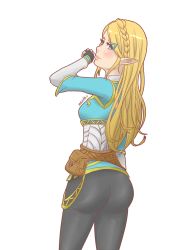 Rule 34 | 1girl, ass, blonde hair, blue eyes, blush, braid, breasts, fingerless gloves, gloves, hair ornament, hairclip, highres, long hair, looking at viewer, looking back, nintendo, pants, pointy ears, princess zelda, sideboob, smile, solo, the legend of zelda, the legend of zelda: breath of the wild, tight clothes, tight pants, transparent background
