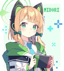 Rule 34 | 1girl, :&lt;, animal ear headphones, animal ears, blonde hair, blue archive, blue necktie, blush, bow, cat ear headphones, character name, collared shirt, commentary, dress shirt, fake animal ears, from side, green bow, green eyes, hair bow, halo, handheld game console, head tilt, headphones, highres, holding, holding handheld game console, jacket, looking at viewer, midori (blue archive), necktie, nintendo switch, playing games, school uniform, shirt, sidelocks, solo, upper body, white shirt, wide sleeves, zoirun