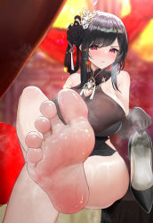 Rule 34 | 1girl, absurdres, azur lane, barefoot, black hair, blush, breasts, chen hai (azur lane), chen hai (vestibule of wonders) (azur lane), cleavage, feet, flower, hair flower, hair ornament, heart, heart-shaped pupils, highres, holding, holding shoes, large breasts, crossed legs, long hair, looking at viewer, red eyes, shoes, unworn shoes, single shoe, soles, steam, sweat, symbol-shaped pupils, toes, ursica