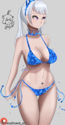 Rule 34 | absurdres, ausoh, bikini, black clover, breasts, highres, large breasts, noelle silva, purple eyes, silver hair, simple background, swimsuit, tattoo, thick thighs, thighs, twintails, water, wide hips