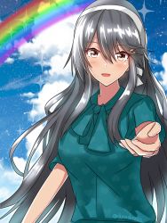 Rule 34 | 1girl, :d, absurdres, aqua shirt, black hair, blush, brown eyes, hair between eyes, hair ornament, hairband, hairclip, haruna (kancolle), heart, heart print, highres, jewelry, kantai collection, long hair, looking at viewer, official alternate costume, open mouth, rainbow, reaching, reaching towards viewer, ring, roko roko (doradorazz), shirt, sky, smile, solo, sparkle, twitter username, wedding band, white hairband