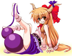 Rule 34 | 1girl, bare legs, bottle, bow, female focus, hair bow, horns, ibuki suika, legs up, long hair, looking at viewer, nagana sayui, orange hair, red bow, red eyes, simple background, socks, solo, touhou, very long hair, white background, white socks