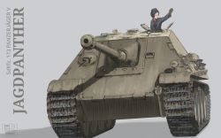 Rule 34 | 1girl, arm up, black gloves, black hat, brown hair, commentary, dated, garrison cap, german commentary, german text, girls und panzer, gloves, grey background, hat, headphones, highres, jacket, jagdpanther, kojima emi, kuromorimine military uniform, long sleeves, looking to the side, military, military hat, military uniform, military vehicle, motor vehicle, shadow, short hair, simple background, solo, tank, throat microphone, uniform, useless (gss44344), vehicle focus, very short hair