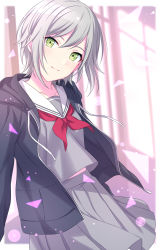 Rule 34 | 1girl, absurdres, black jacket, blurry, blurry background, closed mouth, cowboy shot, depth of field, dot nose, green eyes, grey hair, grey shirt, grey skirt, head tilt, highres, hinomori shiho, hood, hooded jacket, jacket, long sleeves, looking at viewer, neckerchief, open clothes, open jacket, pleated skirt, project sekai, red neckerchief, sekina, shirt, short hair, skirt, smile, solo, standing