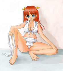 Rule 34 | 1girl, ass, barefoot, blue eyes, breasts, cameltoe, character request, cleavage, cleft of venus, feet, female focus, full body, red hair, sitting, smile, soles, solo, source request, spread toes, toes, yokaze japan