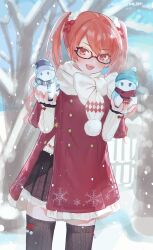 Rule 34 | 1girl, :d, arin (1010 ssu), blue sky, bow, brown skirt, brown thighhighs, coat, frederica nikola tesla, glasses, highres, holding, honkai (series), honkai impact 3rd, long hair, long sleeves, looking at viewer, open mouth, outdoors, red bow, red coat, red eyes, red hair, scarf, skirt, sky, smile, snow, snowing, snowman, solo, sweater, thighhighs, twintails, white scarf, white sweater, winter, winter uniform