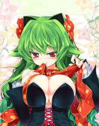 Rule 34 | 1girl, :&gt;, blush, breasts, bustier, cleavage, colored eyelashes, detached sleeves, eyelashes, flower, gen 1 pokemon, green hair, hair flower, hair intakes, hair ornament, hand on own chest, highres, homura subaru, huge breasts, lingerie, long hair, mouth hold, naughty face, personification, pokemon, red eyes, smile, solo, underwear, venusaur