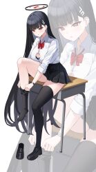 Rule 34 | 1girl, absurdres, black footwear, black hair, black skirt, black thighhighs, blue archive, blush, bow, bowtie, breasts, cleavage, desk, hair ornament, halo, highres, large breasts, long hair, looking at viewer, miniskirt, on desk, open mouth, rahy, red bow, red bowtie, red eyes, removing legwear, rio (blue archive), school desk, school uniform, shirt, shoes, single shoe, sitting, on desk, skirt, thighhighs, watch, white shirt, wristwatch