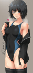 Rule 34 | 1girl, amagami, bare shoulders, black hair, black jacket, black one-piece swimsuit, black thighhighs, blue one-piece swimsuit, blush, bob cut, breasts, brown eyes, closed mouth, commentary, competition swimsuit, covered navel, cowboy shot, grey background, groin, heart, highleg, highleg swimsuit, highres, jacket, kibito high school uniform, light smile, looking at viewer, medium breasts, nanasaki ai, one-piece swimsuit, open clothes, open jacket, school uniform, short hair, signature, simple background, solo, swimsuit, thighhighs, twitter username, two-tone swimsuit, yoo tenchi