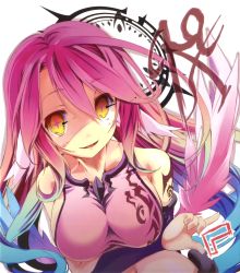 Rule 34 | 1girl, angel wings, breasts, spiked halo, crop top, evil smile, feathered wings, gradient hair, halo, highres, jibril (no game no life), kamiya yuu, large breasts, long hair, low wings, magic circle, midriff, multicolored hair, navel, no game no life, official art, open mouth, pink hair, smile, solo, tattoo, very long hair, wing ears, wings, yellow eyes