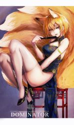 Rule 34 | 1girl, alternate costume, animal ears, armlet, bare shoulders, between legs, black footwear, blonde hair, blue dress, bracelet, breasts, china dress, chinese clothes, cleavage, commentary, dress, earrings, fang, flower, folded fan, folding fan, fox ears, fox tail, full body, gold, half-closed eyes, hand between legs, hand fan, high heels, highres, holding, holding fan, jewelry, knees up, kyogoku-uru, letterboxed, lotus, medium breasts, multiple tails, nail polish, no panties, pelvic curtain, pumps, red nails, shoes, short hair, sitting, solo, stiletto heels, stool, swept bangs, tail, thighhighs, tongue, tongue out, touhou, white thighhighs, yakumo ran, yellow eyes