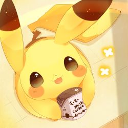 Rule 34 | :3, blush stickers, brown eyes, coffee milk, commentary request, creatures (company), drink, from above, game freak, gen 1 pokemon, happy, highres, holding, holding drink, looking up, milk, milk carton, nintendo, no humans, open mouth, pikachu, pokemon, pokemon (creature), smile, solo, ushiina