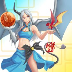 Rule 34 | 10s, 1girl, 2012, bad id, bad pixiv id, blue eyes, breasts, chinese zodiac, claws, cleavage, dickzanzero, dragon, dragon (chinese zodiac), dragon girl, dragon wings, gem, highres, horns, long hair, medium breasts, midriff, monster girl, navel, new year, pearl (gemstone), scales, side slit, silver hair, single horn, skirt, slit pupils, tail, wings