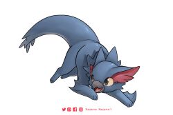 Rule 34 | animal focus, artist name, colored sclera, commentary, creatures (company), crossover, english commentary, facebook logo, facebook username, fakemon, fangs, from side, full body, game freak, grey eyes, highres, instagram logo, instagram username, monster hunter (series), nargacuga, nintendo, no humans, open mouth, pixiv logo, pixiv username, pokemon, pokemon (creature), sharp teeth, simple background, solo, teeth, twitter logo, twitter username, white background, xezeno, yellow sclera