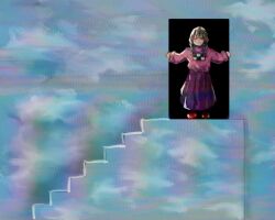 Rule 34 | 1girl, :/, alternate skirt length, asymmetrical bangs, blue sky, blush, braid, brown hair, closed eyes, closed mouth, cloud, cloud print, dana (danazunn), doorway, facing viewer, glitch, hands up, high-waist skirt, highres, long hair, long skirt, long sleeves, madotsuki, no nose, outstretched arms, pink sweater, pleated skirt, puffy long sleeves, puffy sleeves, purple skirt, red footwear, scene reference, shoes, skirt, sky, sky print, solo, spread arms, stairs, standing, surreal, sweater, the truman show, turtleneck, turtleneck sweater, twin braids, twintails, vhs artifacts, wall, wide shot, yume nikki