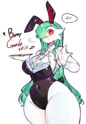 Rule 34 | absurdres, breasts, cleavage, cleavage cutout, clothing cutout, creatures (company), ear piercing, game freak, gardevoir, gen 3 pokemon, green hair, heart, heart-shaped pupils, heart cutout, highres, holding, holding plate, large breasts, long hair, looking at viewer, maid, navel, nintendo, piercing, plate, pokemon, pokemon (creature), rabbit ears, red eyes, symbol-shaped pupils, thick thighs, thighs, togetoge, wide hips