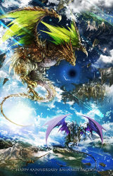 Rule 34 | bahamut lagoon, bird, blue sky, cloud, day, dragon, english text, floating island, highres, mountain, no humans, outdoors, sky, touka (jue), water