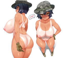 Rule 34 | 1girl, absurdres, back, bare shoulders, black hair, blush, boots, breasts, camouflage, camouflage headwear, collarbone, from above, from behind, full body, gloves, green footwear, green gloves, hair between eyes, hand on own hip, highres, hitch (perotoss), large breasts, looking at viewer, multiple views, navel, nipples, nude, one-piece tan, open mouth, original, pussy, sharp teeth, short hair, smile, speech bubble, spoken blush, stomach, sweat, tan, tanline, teeth, thick thighs, thighs, tomboy, white background, yellow eyes