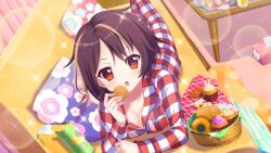 Rule 34 | 1girl, bandou mikuru, basket, blonde hair, breasts, brown hair, chips (food), cleavage, collarbone, cookie, couch, cup, cupcake, dot nose, doughnut, drinking glass, dutch angle, eating, film grain, floral print, food, game cg, holding, holding cookie, holding food, icing, indoors, izumi tsubasu, juice, lens flare, long sleeves, looking at viewer, lying, medium breasts, multicolored hair, napkin, non-web source, official art, on couch, on stomach, open mouth, orange juice, pillow, plaid pajamas, potato chips, re:stage!, red eyes, rug, short hair, solo, sparkle, streaked hair, table, tissue box, two-tone hair, wooden floor, wooden table
