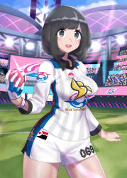 Rule 34 | 1girl, absurdres, black hair, blush, cloud, commentary request, creatures (company), day, dynamax band, eyelashes, game freak, glint, gloves, grass, grey eyes, hand up, highres, holding, holding poke ball, light, mizuumi (bb), nintendo, open mouth, poke ball, poke ball (basic), pokemon, pokemon sm, pokemon swsh, selene (pokemon), shiny skin, shirt, shorts, single glove, sky, teeth, tongue, upper teeth only