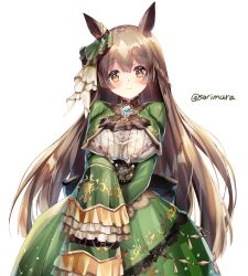 Rule 34 | 1girl, animal ears, blush, braid, breasts, brown eyes, brown hair, center frills, closed mouth, commentary request, dress, frilled dress, frills, green jacket, green skirt, hair between eyes, hair ornament, half updo, highres, horse ears, horse girl, jacket, large breasts, long hair, long sleeves, looking at viewer, satono diamond (umamusume), shirt, simple background, skirt, sleeves past fingers, sleeves past wrists, smile, solo, sorimura youji, twitter username, umamusume, very long hair, white background, white shirt