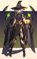 Rule 34 | 1girl, android, breasts, commentary request, degarashi (ponkotsu), full body, glasses, green eyes, grey hair, hair over one eye, halloween, hat, high collar, holding, holding scythe, jack-o&#039;-lantern, joints, lantern, large breasts, looking at viewer, original, pigeon-toed, robot joints, scythe, solo, standing, witch hat
