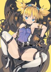 Rule 34 | 10s, 1girl, ahoge, arm support, armlet, armpits, belt, black gloves, blade (galaxist), blonde hair, blue eyes, blush, boots, breasts, cameltoe, covered erect nipples, covered navel, fingerless gloves, gloves, goggles, goggles on head, granblue fantasy, jpeg artifacts, looking at viewer, lying, parted lips, partially visible vulva, pengie, short shorts, shorts, sideboob, small breasts, solo, spread legs, thigh boots, thighhighs, twintails, white thighhighs