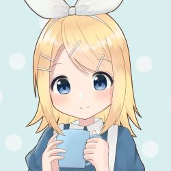 Rule 34 | 1girl, bad id, bad pixiv id, blonde hair, blue dress, blue eyes, blush, bow, cup, dress, hair bow, hair ornament, hairclip, holding, holding cup, kagamine rin, kotono haku, light blush, looking at viewer, short hair, smile, solo, swept bangs, upper body, vocaloid, white bow