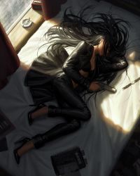 Rule 34 | 1girl, absurdres, ashtray, bed, bikini, bikini top only, bikini under clothes, black bikini, black footwear, black hair, black jacket, black pants, cigarette, clock, commentary, curtains, digital clock, earrings, closed eyes, gun, guweiz, hair spread out, high heels, highres, holding, holding gun, holding weapon, indoors, jacket, jewelry, long hair, lying, on bed, on side, open clothes, open jacket, original, pants, patent heels, pumps, shoes, solo, stiletto heels, stud earrings, sunlight, swimsuit, symbol-only commentary, very long hair, watch, weapon, weapon request, window, wristwatch